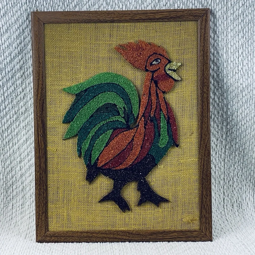 Vintage MCM Rooster Gravel Wall Art Unique Retro Folk‎ Art Rock Barn Farm Unique